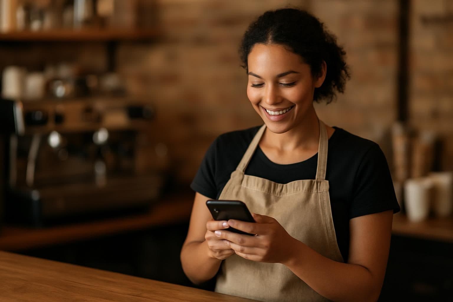 A café owner reviewing her social media posts on her phone